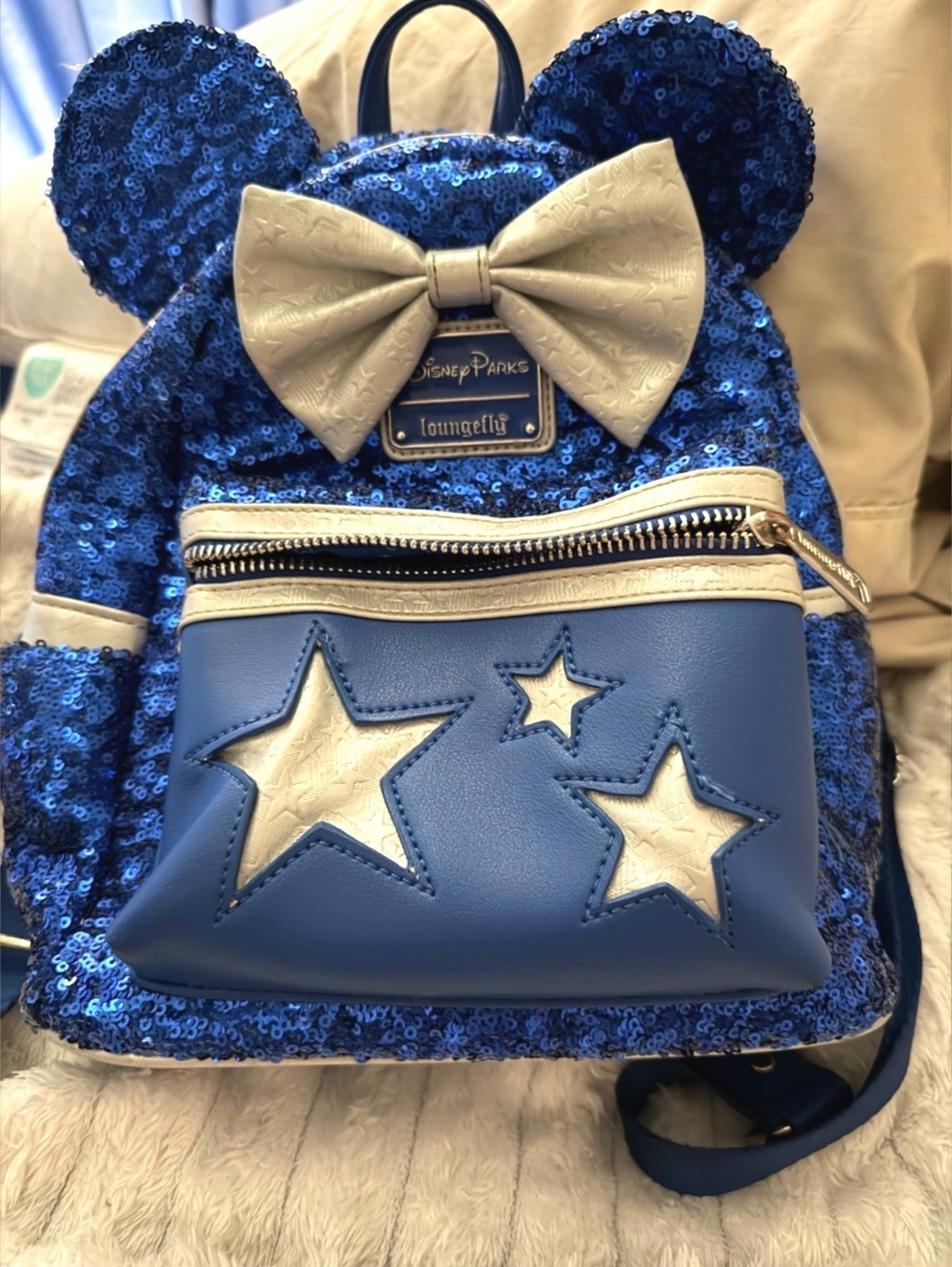 Loungefly Disney Parks Blue Sequin Mickey Ears Backpack with Bow